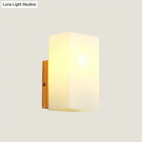 Minimalist Cube Wall Sconce With Opal Glass And Wood Detail