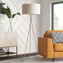 Minimalist Drum-Shaped Fabric Floor Lamp With Metal Tripod Stand Flaxen