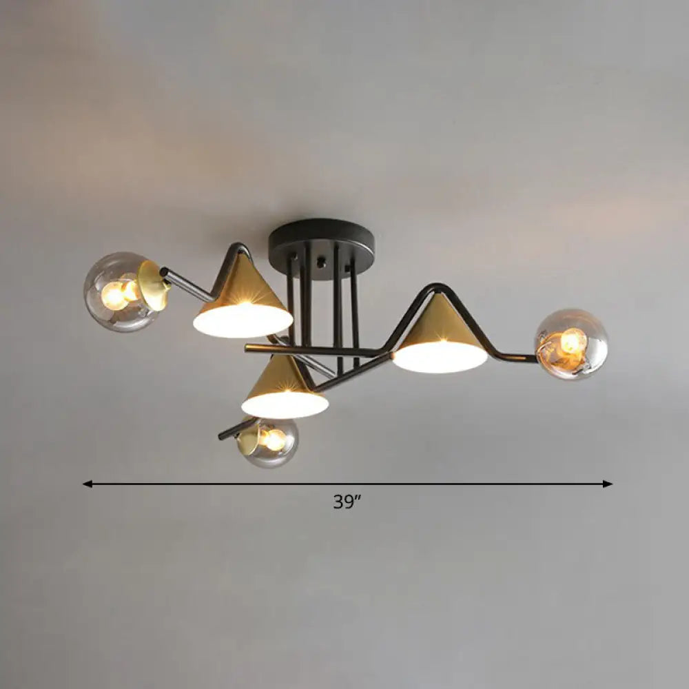 Minimalist Glass Semi Flush Ceiling Light - Cone And Ball Shaped Black - Brass Finish 6 / Smoke Gray