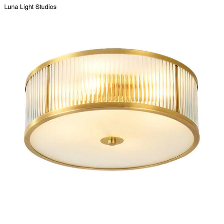 Minimalist Gold Drum Flush Mount Ceiling Light With Ribbed Glass - 4 Heads Ideal For Bedrooms