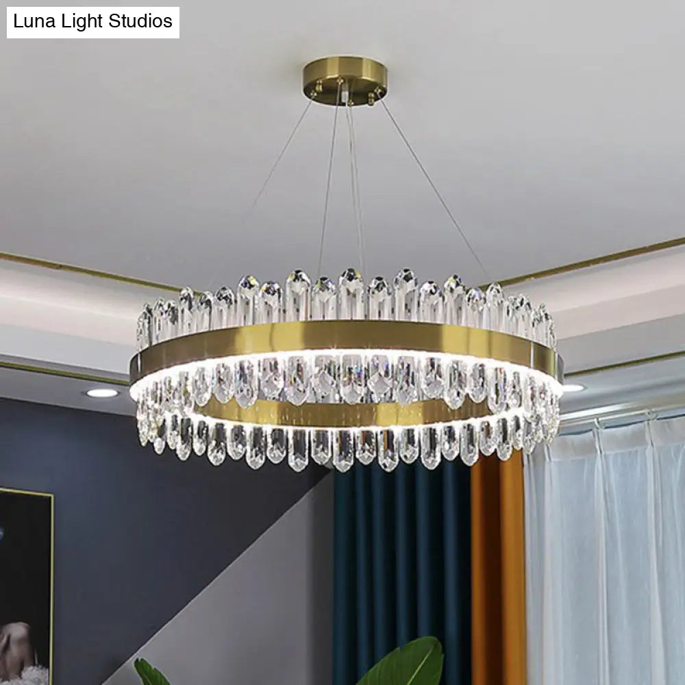 Minimalist Gold Halo Chandelier Pendant With Led Crystal Icicle - Elegant Hanging Light Fixture