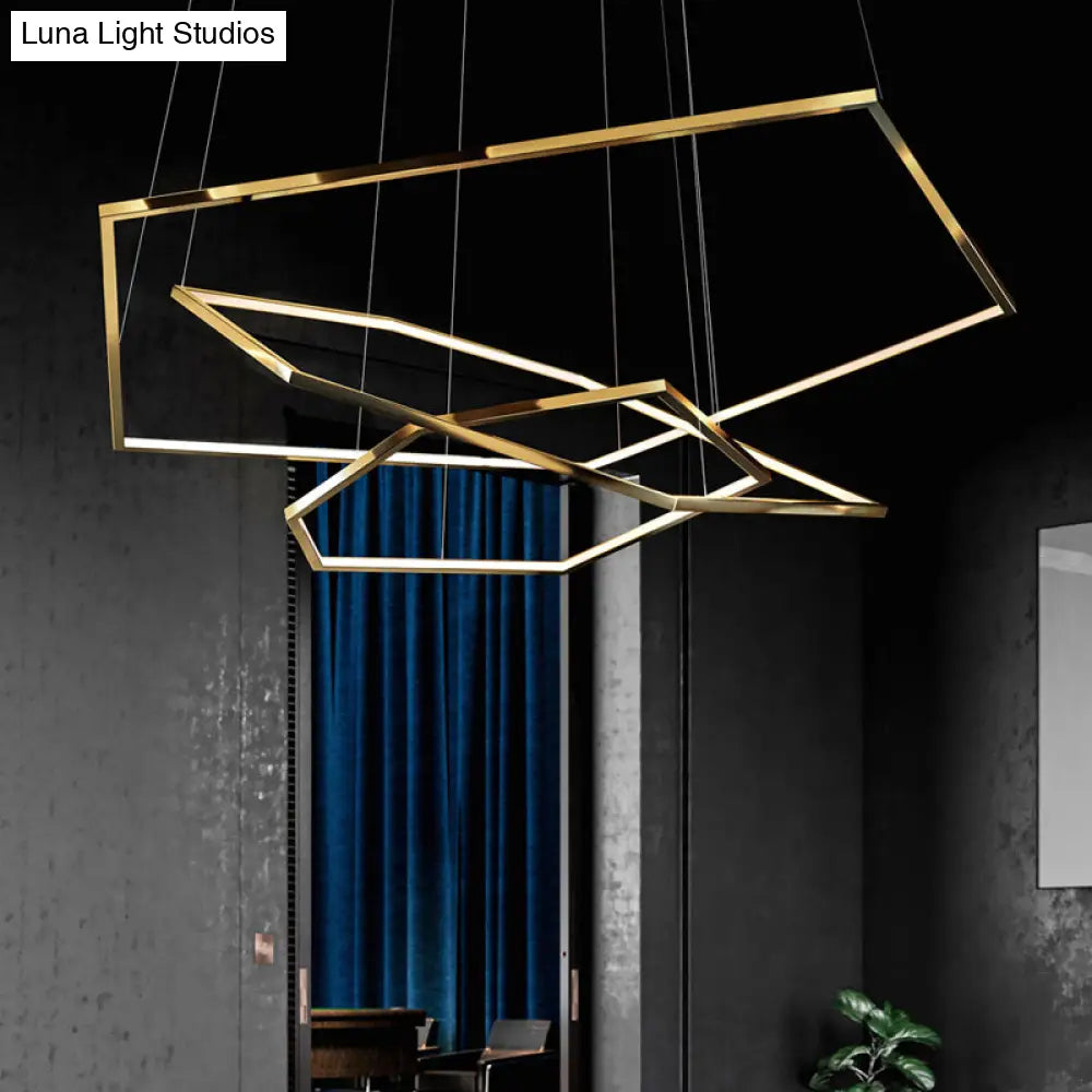 Minimalist Gold Led Chandelier For Living Room - Stainless Steel Hexagon Suspension Lamp