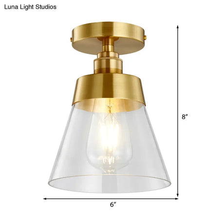 Minimalist Gold Semi Flush Mount Light With Conical Shade And Clear Glass Ceiling Fixture