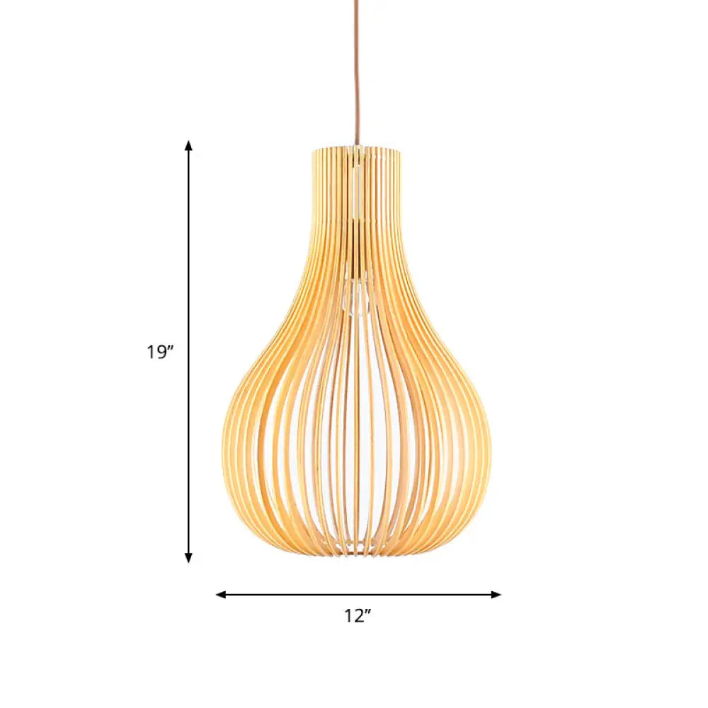 Beige Cutout Gourd Pendant Ceiling Lamp With Wood Shade - Minimalist 1-Bulb 12/15 W