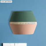 Minimalist Green And Pink Cutout Sconce With Rattan Detail - Wall Mounted Light For Bedroom