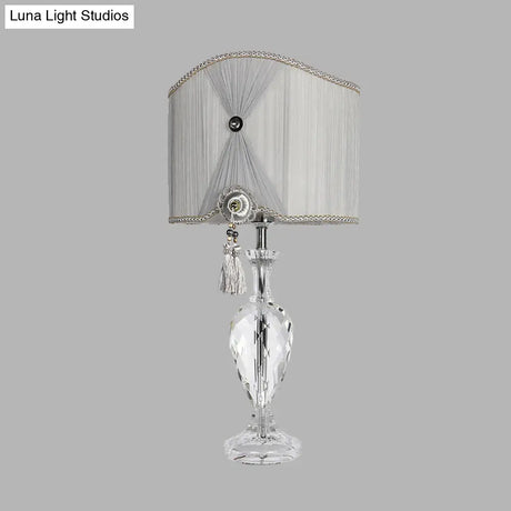 Minimalist Grey Crystal Table Lamp With Fabric Shade - Elegant Bedroom Night Light