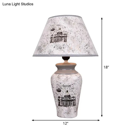 Minimalist Grey Porcelain Desk Lamp With Conic Paper Shade - Nightstand Light
