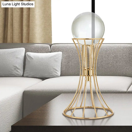 Minimalist Led Crystal Sphere Desk Lamp With Gold Hourglass Cage Metallic Base