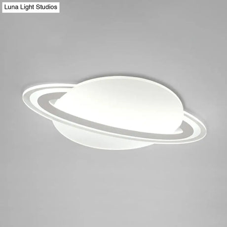 Minimalist Led Flush Lamp For Kids Bedroom: Ringed Planet Ceiling Light In White / 12