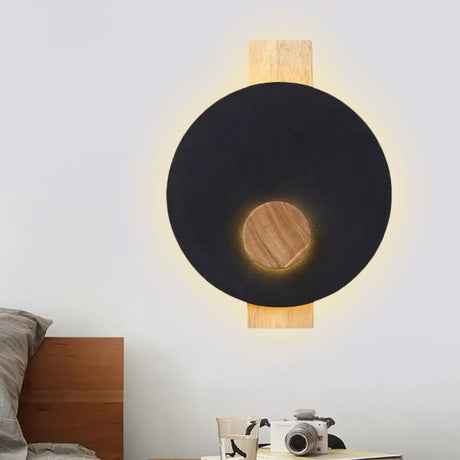 Minimalist Led Metal Disk Wall Light Fixture With Wood Backplate - Black/Grey/White Black