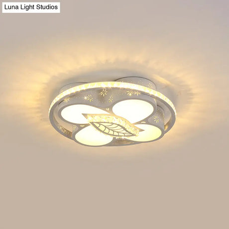 Minimalist Led Parlor Ceiling Light - White Flush Mount Lighting With Crystal Heart/Flower Shade