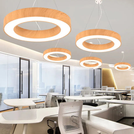 Minimalistic Led Chandelier: Light Wood Circle Pendant Lamp For Meeting Room