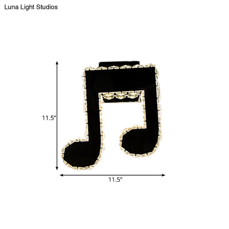 Minimalist Led Wall Lamp With Faceted Crystal Music Note Design - Black