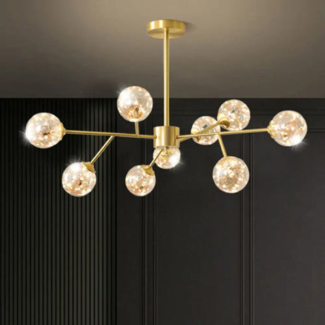 Minimalist Metal Led Chandelier Lamp With Bubble Shade In Gold - Starburst Pendulum Light For Living