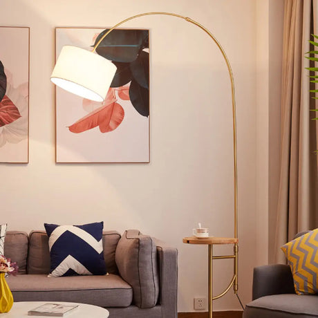 Minimalist Metallic Arched Floor Lamp With Drum Fabric Shade In Gold / B