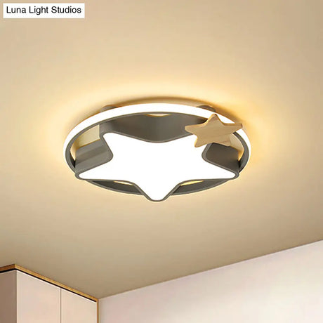 Minimalist Pentagram Led Flushmount Ceiling Lamp For Kids Bedroom In Black/Grey And Wood