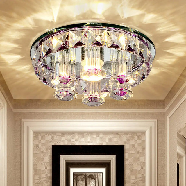 Minimalist Prismatic Optical Crystal Led Round Ceiling Flush Mount Light Fixture Clear / Warm