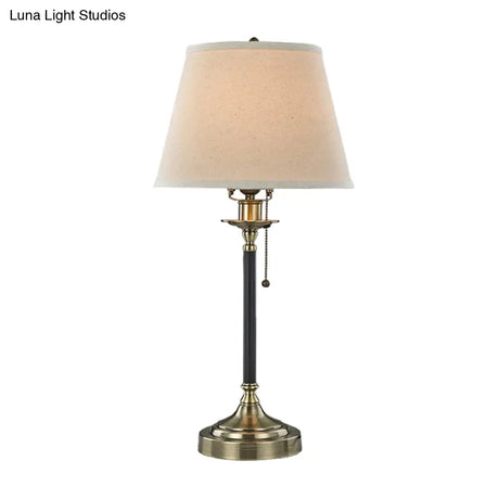 Minimalist White Table Lamp With Pull-Chain: 1-Bulb Dining Room Night Light Tapered Fabric Shade