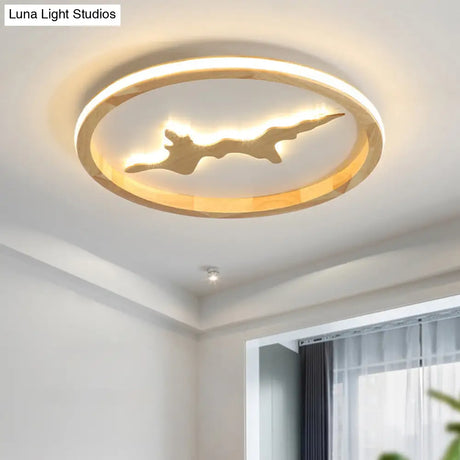 Minimalist Wood Circle Ceiling Light Dark Brown/Light Brown Led Flush Fixture - 17’/21’/25’ Wide