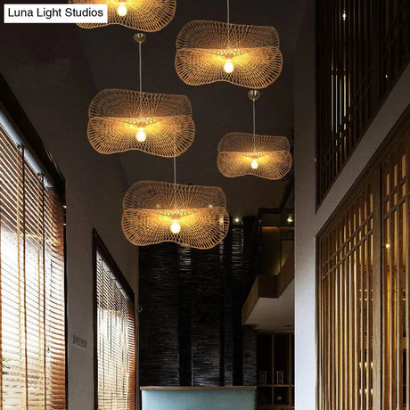 Minimalist Wooden Pendant Lamp With Bamboo Ruffle Shade For Hallways
