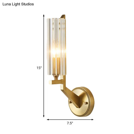 Minimalistic 1-Light Brass Flush Wall Sconce For Bedside - Crystal Tube/Cup/Flat Mounted Lamp