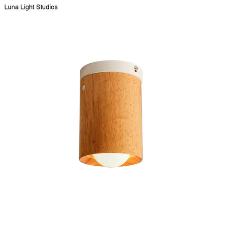 Minimalistic Beige Tubular Flushmount Ceiling Lamp With Wood Accent For Bedroom - 1 Bulb Flush