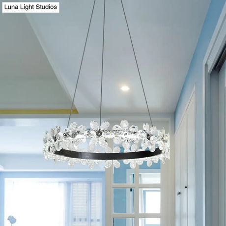 Minimalistic Black Crystal Flower Led Chandelier Lighting - Living Room Hoop Hanging Light Kit