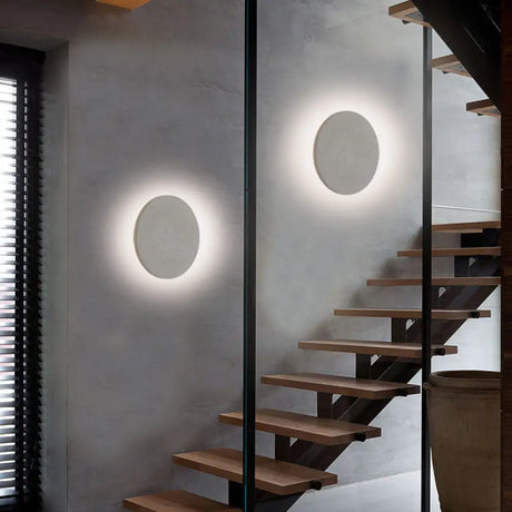 Minimalistic Cement Grey Led Wall Sconce Light For Bedside - Flat Round Mount
