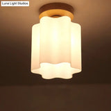 Minimalistic Milky Glass Prism Floral Ceiling Flush Light With Wood Flushmount Design - Ideal For
