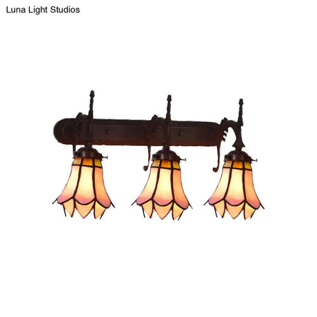 Mission Flower/Morning Glory 3-Light Pink Glass Wall Sconce With Curved Arm For Dining Room