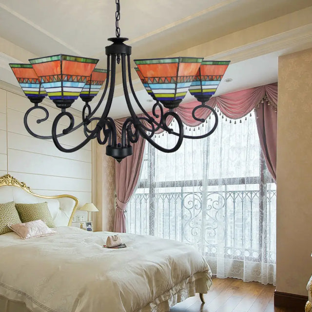 Mission Style Stained Glass Pyramid Chandelier With 6 Pink/Orange Lights - Perfect For Living Room