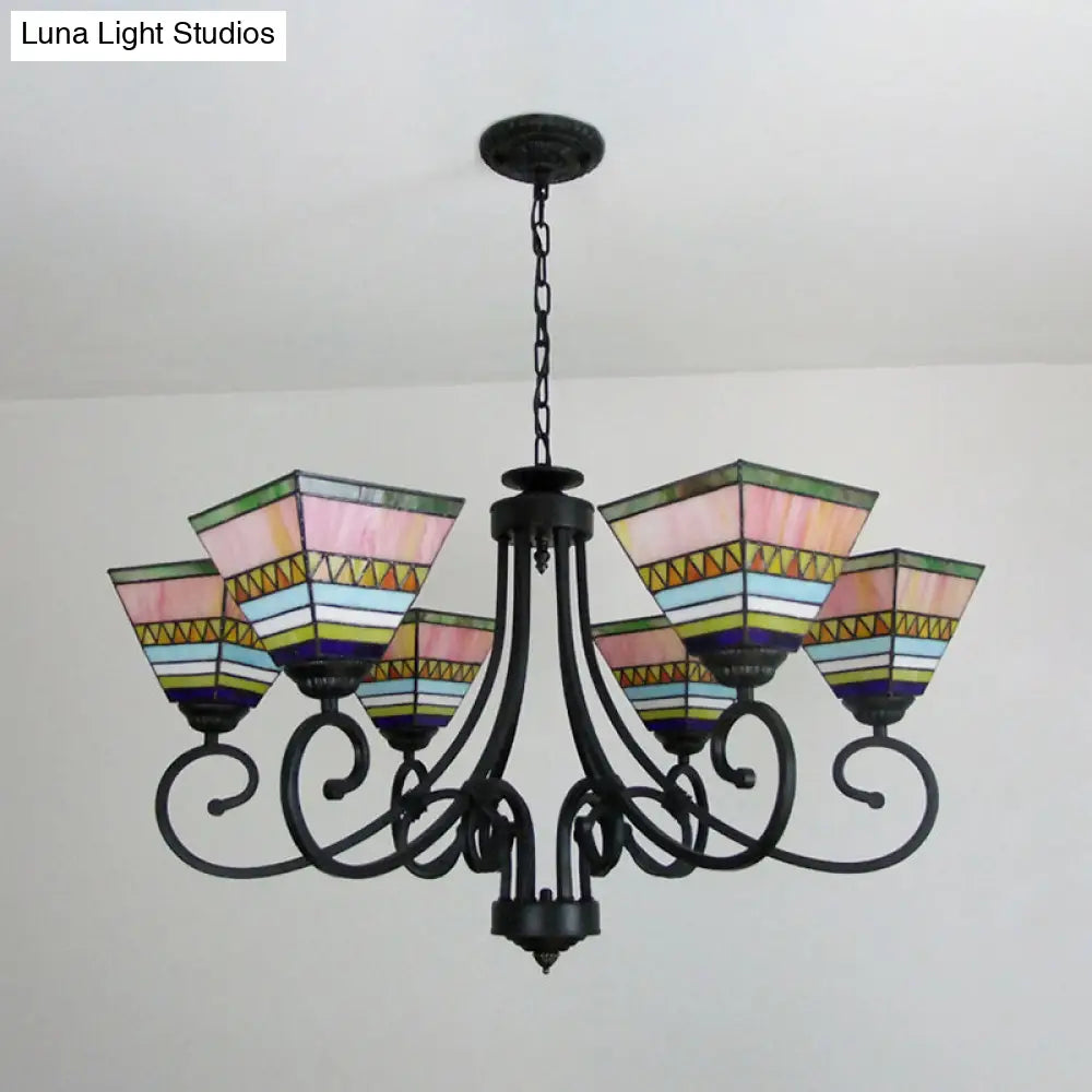 Mission Style Stained Glass Pyramid Chandelier With 6 Pink/Orange Lights - Perfect For Living Room