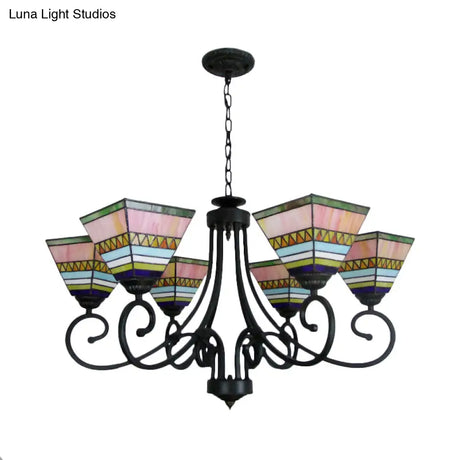 Mission Style Stained Glass Pyramid Chandelier With 6 Pink/Orange Lights - Perfect For Living Room