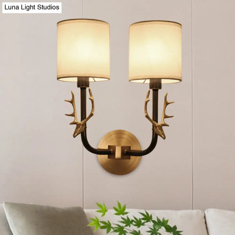 Modern 1/2 Lights Wall Sconce With Fabric Shade - Black/Gold Cylinder Mount Fixture Featuring Metal
