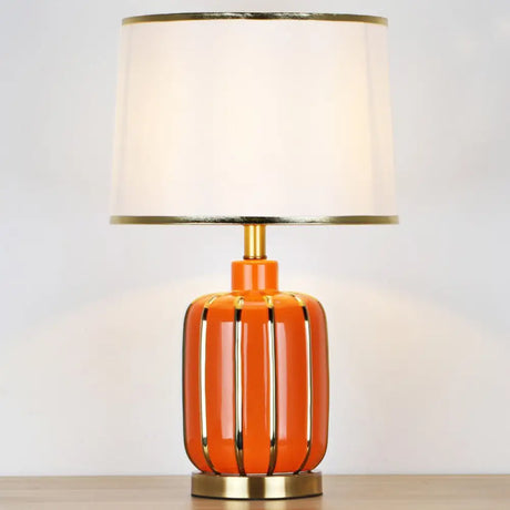 Modern 1- Bulb Nightstand Lamp: Beige/Gold Barrel Reading Light With Fabric Shade Gold