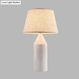 Modern 1-Head White Fabric Reading Lamp For Bedroom - Pencil Metallic Night Table Light