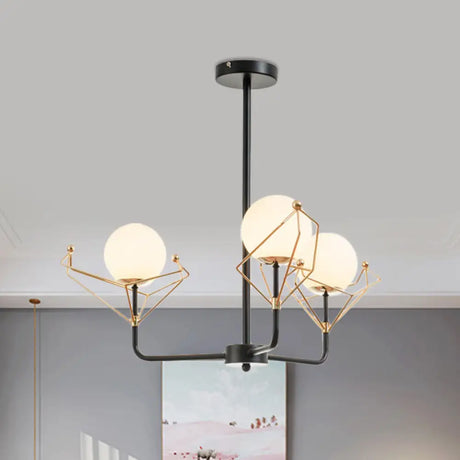 Modern 2/3/4-Headed Black Chandelier With White Glass Shades Warm/White Light - Global Hanging Lamp