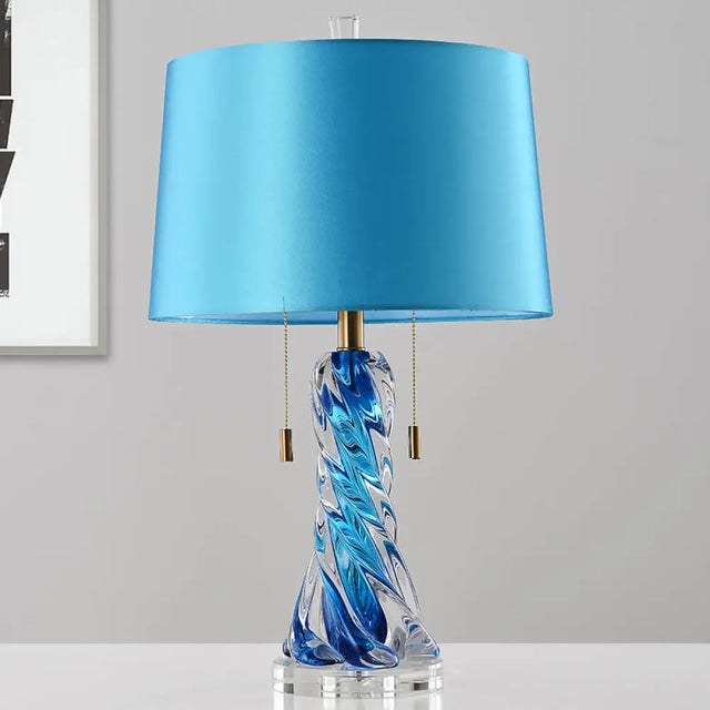 Modern 2-Head Conical Fabric Nightstand Lamp In Blue With Pull Chain - Task Lighting