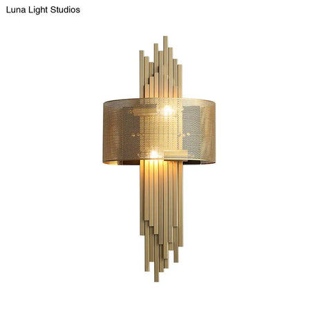 Modern 2-Head Gold Wall Sconce Lamp With Mesh Drum Shade