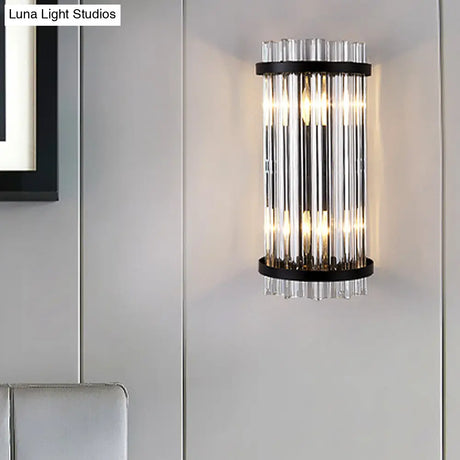 Modern 2-Head Tri-Sided Crystal Rod Cylinder Wall Mount Sconce Light Fixture In Black/Gold