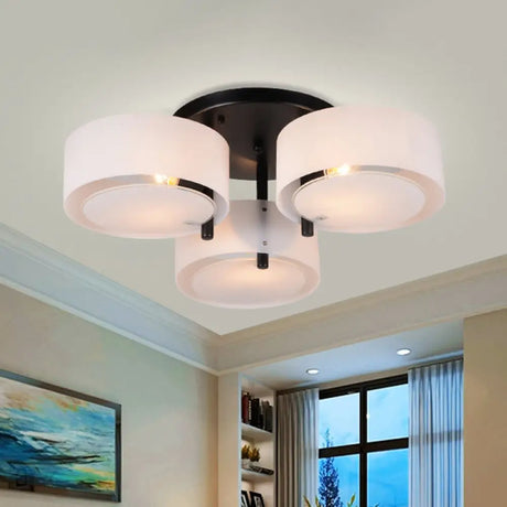 Modern 3 - Head Semi Flush Mount Ceiling Light For Living Room In White Drum Shape