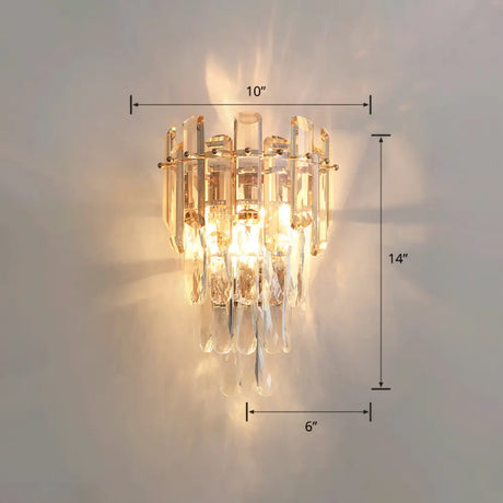 Modern 4-Tiered Crystal Wall Sconce With Beveled And 2-Bulb Light Fixture For Restaurants Champagne