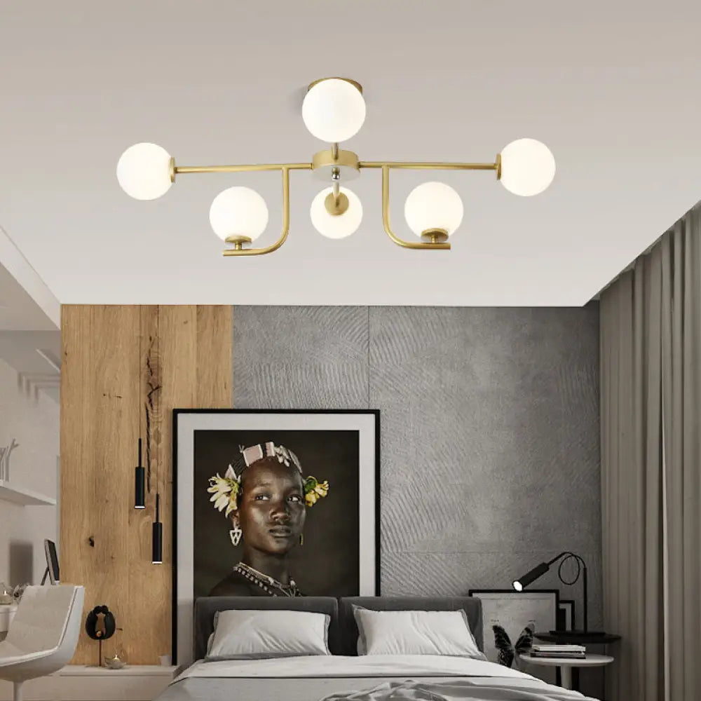 Modern 6/10-Head Metal Semi Flush Mount Ceiling Light With Globe Glass Shade - Gold Finish For