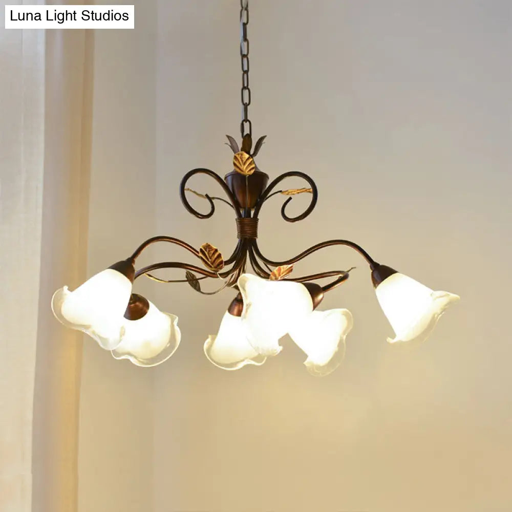 Modern 6-Light Bedroom Chandelier: Red Brown Pendant Light With Frosted Flower Glass Shade