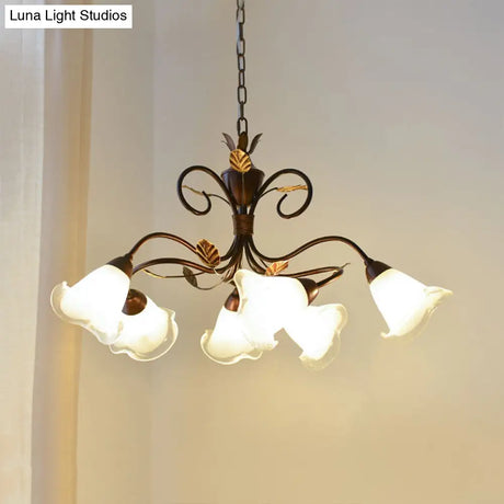Modern 6-Light Bedroom Chandelier: Red Brown Pendant Light With Frosted Flower Glass Shade