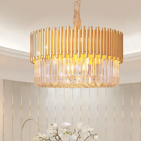 Modern 8-Head Gold Drum Chandelier: Beveled Glass Crystal Led Pendant Light For Restaurants