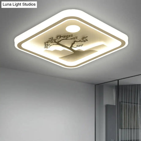 Modern Acrylic Led Ceiling Fixture: Square/Round Flush Mount With White Finish And Bird/Tree Pattern