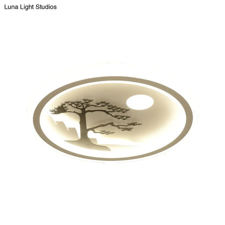 Modern Acrylic Led Ceiling Fixture: Square/Round Flush Mount With White Finish And Bird/Tree Pattern