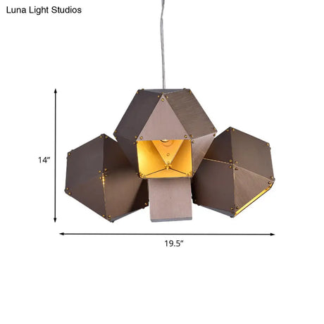 Modern Aluminum 3-Light Polyhedron Chandelier Pendant Lamp In Coffee For Restaurants