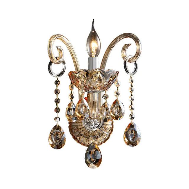 Modern Amber Glass Candle Sconce Wall Light With Crystal Drip Accent - 1/2 Heads Bedroom Fixture 1 /